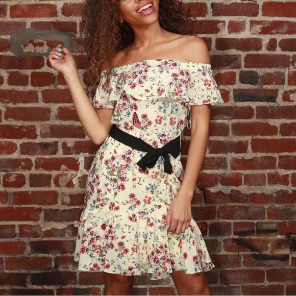 Maje Dresses & Skirts - Maje 100% silk Floral Off-Shoulder Dress with Black Belt size 3 ( fits M/L)